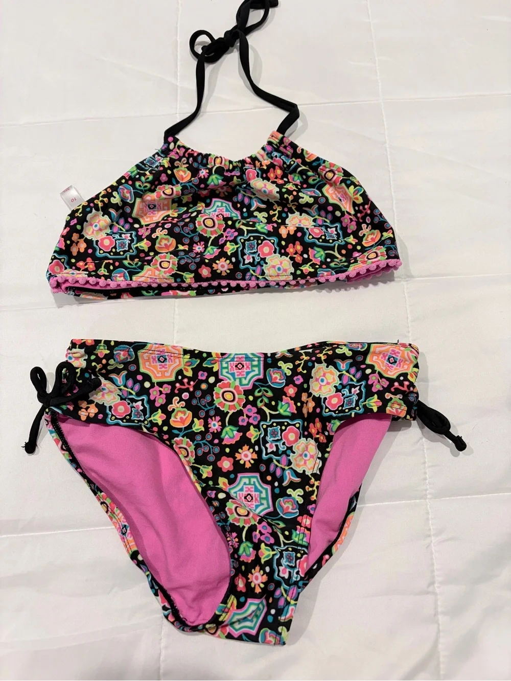 SO Girls Floral Two-Piece Bikini Set - Black with Pink Accent